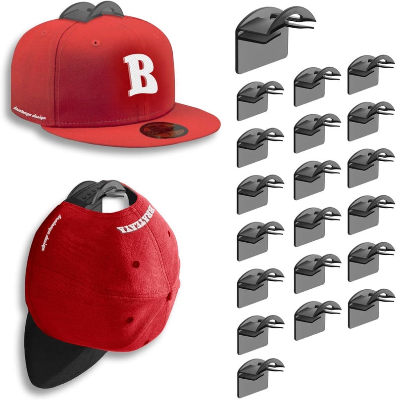 BRATEAYA Hat Hangers for Wall, Stronge Adhesive Hat Holders Display, No Driling Caps Holder Organizer, 20 Pack Hat Hook for Baseball Caps, Wall Mounted Cap Rack, Translucent Black - Image 1